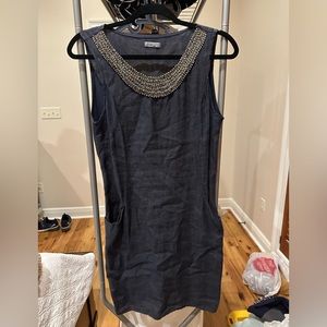 Navy linen sleeveless dress with pockets and embellished neckline size Small